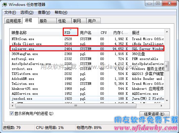 任务管理器中查看对应端口PID的应用程序名图示