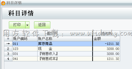 在用友T1进销存软件中查看会计科目详情图示