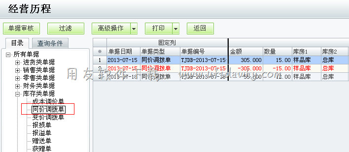 在经营历程中查看同价调拨单图示