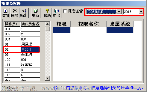 用友T3操作员权限设置界面