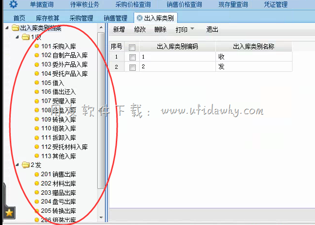 用友T+进销存管理软件出入库类别操作界面图示